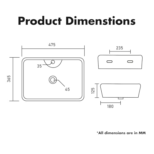 Image of WASSMIST Wash Basin /Basin for Bathroom | Table Top | 47.5D x 36.5W x 12.5H (CM)