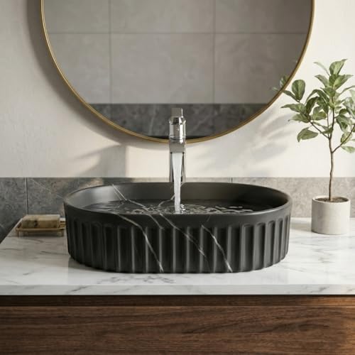 Image of BASSINO 22x14x6 Inches Ceramic Table Top Wash Basin /Designer Bathroom Sink /Countertop Vessel Basin /Oblong-Oval Above Counter Basin /Luxury Wash Basin for Bathroom /Dining Hall(Matt Black Marble Finish)