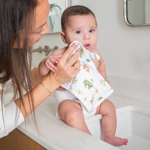 Image of aden + anais Essentials Washcloth 3-Pack, Super Soft 100% Cotton Muslin, Gentle on Skin, 3 Absorbent 11x11 Layers, Softer with Every Use, Perfect for Babies, Infants, Toddlers, Dino Jungle