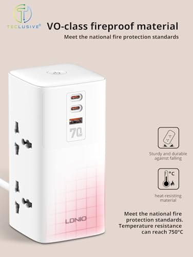 Image of T Teclusive 2500W Tower Extension Board Power Strip with USB C Ports | 4 Power Sockets with 70W Gan Type C QC PD Super Fast Charging | Vertical Multi Port Extension | 2M Power Cord