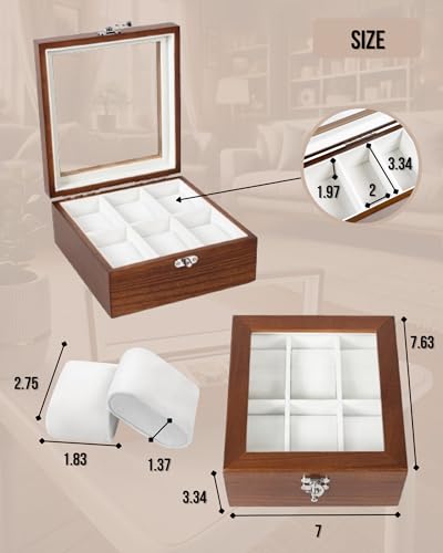Image of Watch Box, Watch Case for Men Women with Large Glass Lid, Wooden Watch Display Storage Box with 6 - Slots, Rustic Brown 6x2 Mens Watch Box Organizer