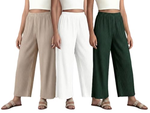 Image of Set of Combo Trouser and Pants for Girls and Women's Relaxed Fit Stretchable Regular Fit Palazzos Lightweight Elastic Waistband Bottoms for Daliy Office & Casual Wear