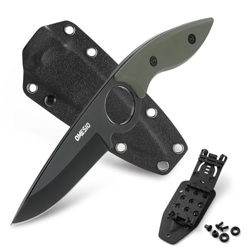 Omesio 5Cr13Mov Stahl Full Tang - Feststehende Messer Klinge 8,5 cm - Gürtelmesser mit Ergonomie G10 Griff und Kydex Scheide - Survival messer Erfüllt Outdoor Camping (Grün + Schwarz)