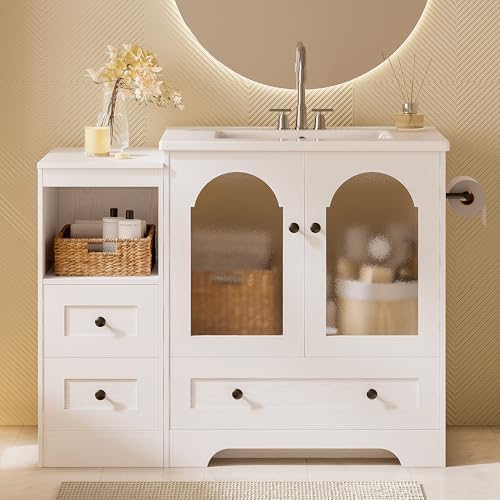IRONCK 42 Inch Bathroom Vanity with Sink Set, Bathroom Cabinet Vanity with 2 Visual Buffer Gate, Pedestal Sink Storage Cabinet with 3 Drawers, Open Cubby, Swap Sides Design, White