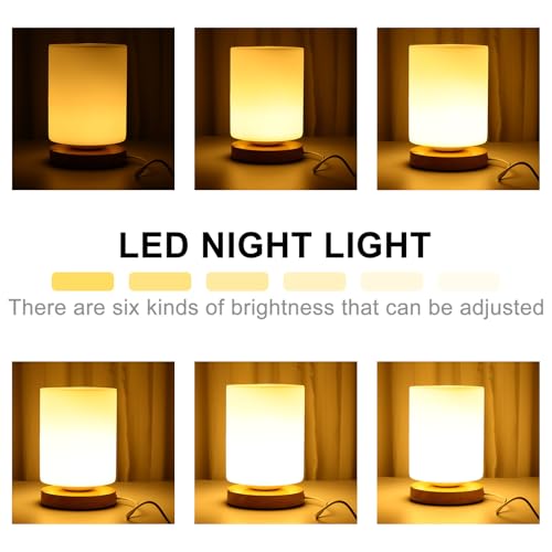Lámpara de Mesa de Noche Cilíndrica LED con Madera USB miniatura 5