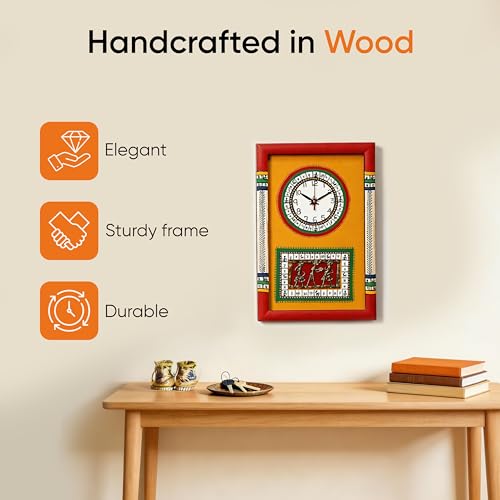 Image of AAKRITI ART CREATIONS Wall Clock Handcrafted Warli Art Yellow Dial with Glass Frame Red | Wall Clock for Home, Home Decoration | Lightweight Wooden wall Decor | Matte Finish