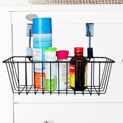 Image of Go Hooked Metal Wire Multipurpose Over Door Basket Hanging Cabinet Storage Organizer Bin for Kitchen Pantry Bathroom Black Space Saving Versatile Compact and Durable Set of 3