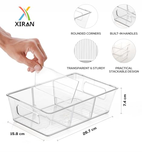 Image of Xiran Fridge Storage Boxes Organizer Bins, 3 Partition Stackable Fridge Storage Basket, Plastic Freezer Storage Containers for Fish, Meat, Vegetables, Fruits (Pack of 2, Transparent)