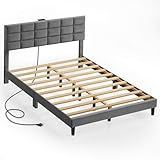 Seventable Queen Bed Frame with Charging Station and Storage Headboard, Upholstered Bed with Heavy Duty Wood Slats, No Box Spring Needed, Noise Free, Easy Assembly, Dark Grey