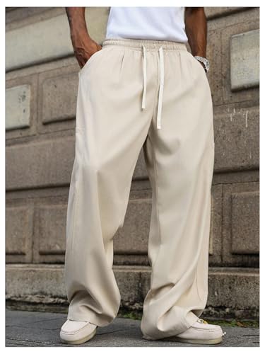 OYOANGLE Men's Drawstring Waist Wide Leg Pants Solid Work Office Casual Trousers with Pockets2