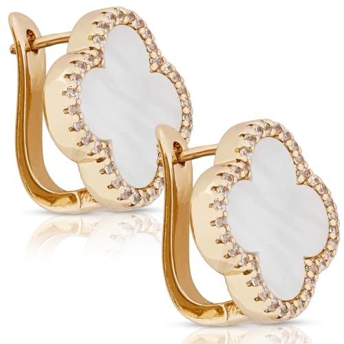 Four Leaf Clover Earrings 18K Gold Plated with Black Agate or White Shell | Mother of Pearl & Cubic Zirconia | Classic English Lock | Tarnish-Resistant Jewelry for Women - Main Image