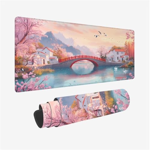 Alfombrilla Ratón XXL Gaming 800 x 400 x 3mm Grande Alfombrilla Ratón JapóN Mousepad Flores De Cerezo Diseño con Base de Goma Antideslizante y Bordes Cosidos, Decoracion Escritorio, Regalo,Model609