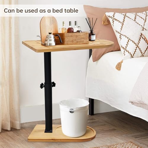 Mesa Auxiliar Forma C Bambú Metal Moderna Altura Ajustable, Side Table, Mesa Auxiliar de Cama, Mesa de Sofá, Mesilla de Noche, Mesa de Cuidado, para Salón Dormitorio Baño, Estilo C