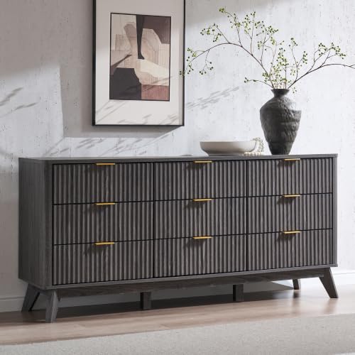 Image of T4TREAM 63 inch Wide Fluted 9 Drawer Dresser for Bedroom, Dark Alder