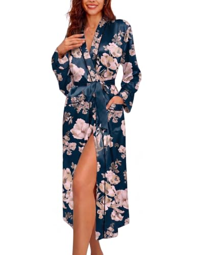 Image of Ekouaer Satin Robes for Women Long Sleeve Silk Bathrobe Soft Lightweight Full Length Sleepwear Bridesmaid Wedding Party Robes
