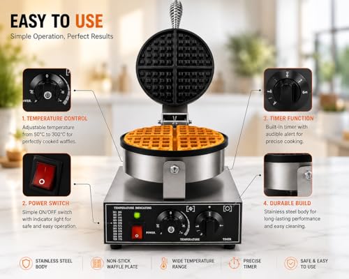 Image of Round Belgian Waffle Machine, Commercial Electric Belgian Waffle Maker, Non-Stick Waffle Baker for Cafe Bakery Restaurant
