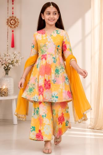 Image of Preneum Girls's Ethnic Cotton Bandhani & Lehariya Printed 3 /4 Sleeves Gotta Patti Angrakha Kurta with Sharara Set