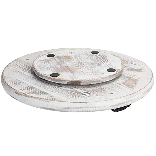 Mygift Whitewashed Solid Wood Lazy Susan Serving Tray With Metal Handles, 18 Inch Round Kitchen Turntable Condiment And Spice Jars Spinning Tray #TOP5