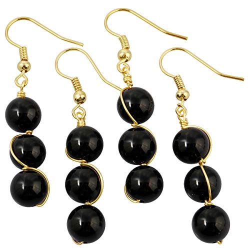 Tumbeelluwa Crystal Beads Dangle Earrings For Women Healing Stone Drop Earrings Handmade Copper Wire Wrapped Quartz Jewelry, Black Agate #TOP2