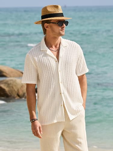HOTake Men's Casual Summer Beach Shirts Button Down Short Sleeve Crochet Guayabera Shirts2