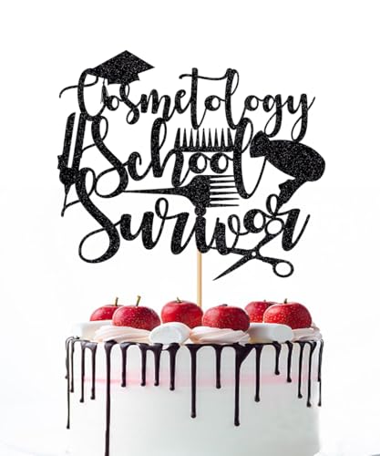 Naicaek Black Glitter Cosmetology School Survivor Cake Topper,Congrats Cosmetology Graduate, Future Hairstylist/Makeup Artist, Class of 2025 Cosmetology Graduation Party Supplies