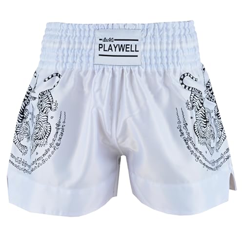 Short Muay Thai Twin Tiger Playwell en satin blanc avec broderies Sak Yant