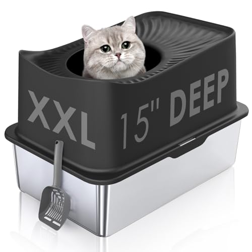 Kettnjoy Top Entry Cat Litter Box with Lid Stainless Steel Extra Large Enclosed Cats Kitty Litter Pan Easy Cleaning XL Metal High Side litter Boxes Tray Cat Box Enclosure Never Absorb Odor or Rust