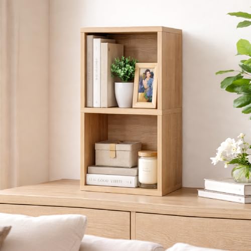 Image of 2 Cube Storage Organizer Wooden Bookshelf, 2 Cube Shelf Bookcase, Small Bookshelf Storage Organizer, 2 Cube Storage Shelf for Bedroom, Small Bookshelf for Living Room and Office (Oak)