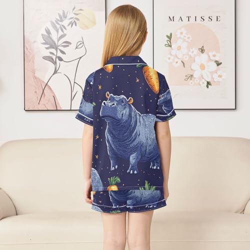 Satin Pajama Sets Short Sleeve Hippo Carrots Night Sky Button Down Silky Nightwear 2 Piece PJS 5-14Y4