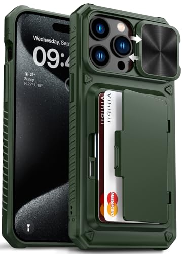 Vihibii for iPhone 15 Pro Max Case with Card Holder (4 Cards) & Slide Camera Cover & Kickstand, Military Grade Drop Protection, Rugged Hard Back & Silicone Edge Wallet Back Cover, 6.7″ 2023, Green- Best and cheap mobile covers in India