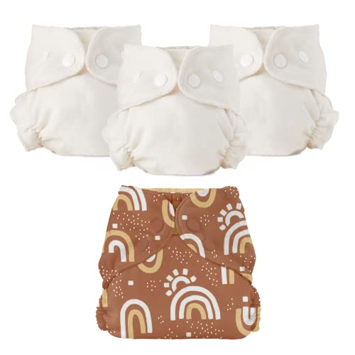 Image of Esembly Cloth Diaper Bundle Set - 3 Organic Cotton Absorbent Inners and 1 Waterproof Outer Diaper Cover - Reusable, Washable, Snap Closure Cloth Diapers - Size 1 (7-17lbs), Sunshower