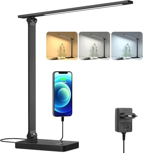 Lepro LED Schreibtischlampe 15W, Dimmbar Tischleuchte 655LM mit 3 Farbmodi & 5 Helligkeitsstufen, USB-Anschluss, Augenschutz Leselampe für Büro, Arbeitszimmer, Nachttisch & Lesen, Schwarz