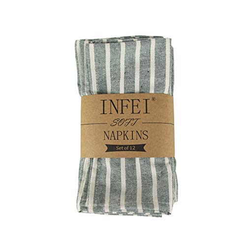 INFEI Serviettes en Tissu en Lin et Coton à Larges Rayures Douces - Lot de 12 (17 x 17 Pouces) - pour événements et Usage Domestique (Vert) Cover