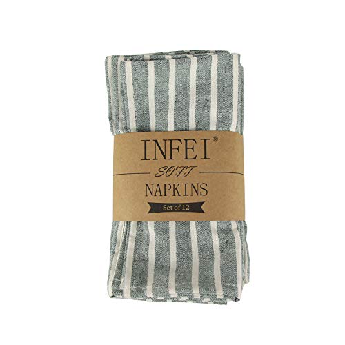 INFEI Soft Broad Striped Linen Cotton Dinner Cloth Napkins - Set of 12 (17 x 17 inches) - for Events & Home Use (Green)