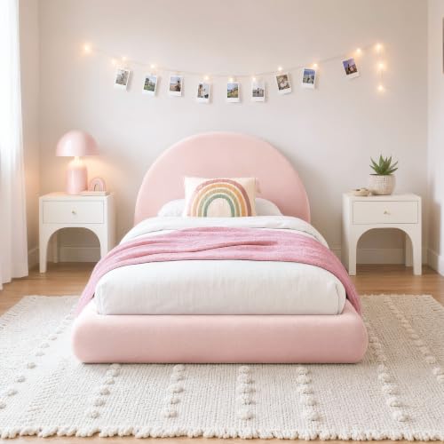 Image of RECCI AirFrame Half-Moon Upholstered Twin Platform Bed Frame | Velvet Curved Arched Base, 6-Inch Thickness Headboard, 5 Inch Fully Round Cushioned Foam, No Box Spring Needed, Easy Assembly