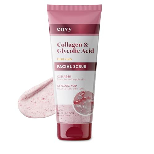 Envy Collagen & Glycolic Acid Face Scrub - Anti-Aging, Softening & Dark Spot Improving Exfoliating Scrub - Dermatologist Tested, Clean Beauty for All Skin Types - 6.76 Oz