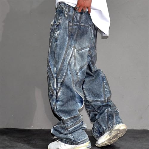 Men’S High Street Baggy Distressed Cargo Pants Button Fly Midweight Hip Hop Trendy Streetwear Full Length Jeans3