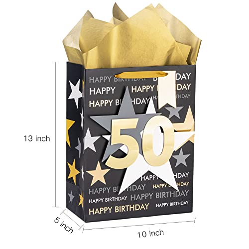 Image of Loveinside Birthday Gift Bag with Tissue Paper and Greeting Card for 50 Birthday - 13 inch x 10 inch x 5 inch, 1 Pcs, Black Gold