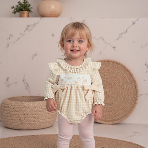 Infant Baby Girl Outfit Goose Embroidery Plaid Long Sleeve Smocked Bubble Romper Bodysuit Newborn Farm Clothes Fall3