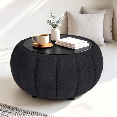 YDcosyfy 30 Inches Round Ottoman Coffee Table with Storage, Upholstered Ottoman in Boucle Teddy Fabric, Wooden Top with Tray, Soft Pumpkin Shape Design,for Living Room, Bedroom, Lounge, Black