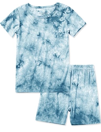 Jimonda Baby/Toddler Soft Sleepwear Short sleeve Kids Cool Pajama Outdoor 2-Piece Shirt&Shorts Casual sets Tie Dye PJ(Blue tie dye,9-10Y)