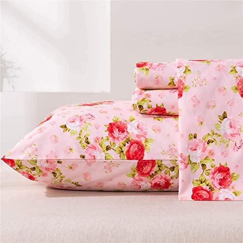 MEISHANG Full Pink Floral Ultra Soft 100% Microfiber- 16 Inch Deep Pocket Comfortable Rose Pattern Printed Sheet Set - 4 Pieces Rose Flower Full