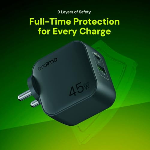 Image of Oraimo 45W GaN Fast Charger with Type-C Cable 60W, Dual Port USB-C + USB-A Wall Charger Adapter, PD 3.0 & QC Fast Charging for Smartphones, Tablets and Laptops