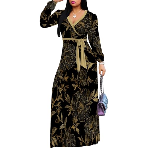 Image of PinkPatty Women's Long Sleeve Maxi Dress Plus Size Trendy Wedding Guest Wrap Dress with Pockets&Belt