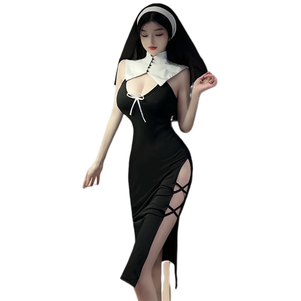 Temptshow Women's cosplay nun underwear mischievous anime maid high slit sexy dress