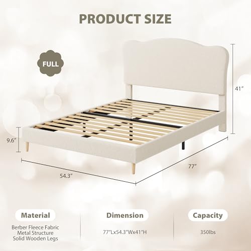 GarveeHome Upholstered Full Size Bed Frame for Kids with Scallop Headboard, Cute Velvet Full Bed for Girls, Boys, Sturdy Platform Bed, No Box Spring Needed, Wooden Slats, Noise Free, White