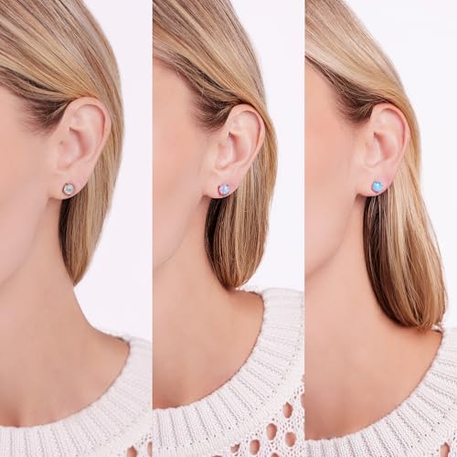 JTV Lab-Created Opal Stud Earrings Set for Women – 6mm Round White, Pink & Blue Opals in Rhodium Over Sterling Silver – Elegant Jewelry Gift Box Included, (3-Pair)2