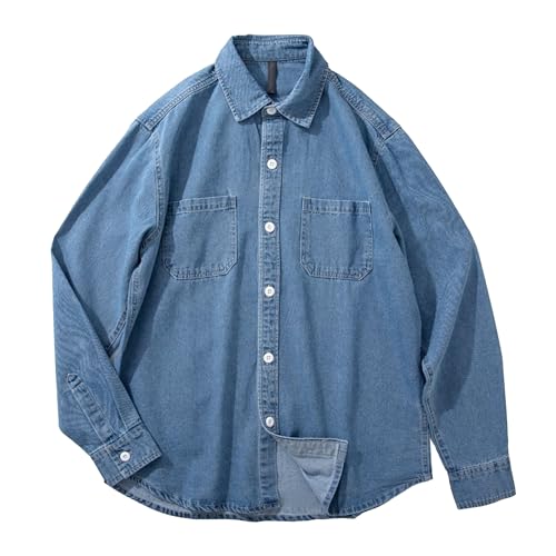 Qolkmuiy-GJ Men's Long Sleeve Denim Twill Shirt Casual Button Western Shirts Fashion Pocket Front Denim Outwear (Light Blue,X-Large)