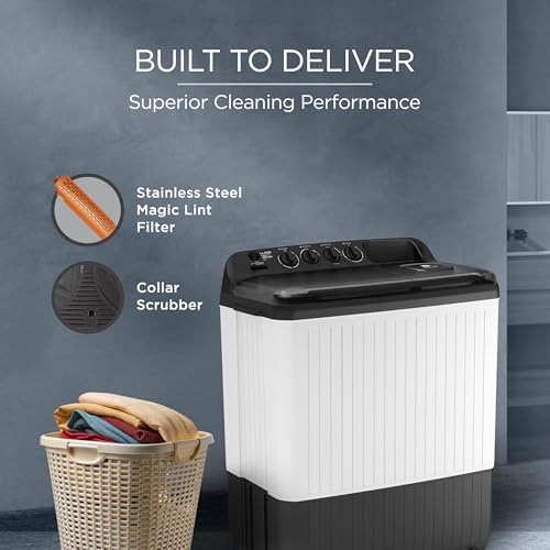 Image of Lloyd 9 kg 5 Star Semi Automatic Top Load Washing Machine |1300 RPM | Detergent Storage Zone | 3 Wash Programs | Swift Dry | Magic Filter, (GLWS905AONDG, Dark Grey and White)