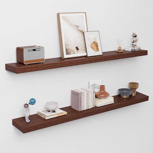 QueenFun 60 inch Long Walnut Floating Shelves for Wall, 8in Deep, Set of 2